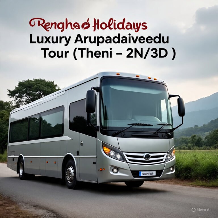 Rengha Holidays Luxury Arupadaiveedu Tour (Theni – 2N/3D)Vehicle: Luxury AC 40 Seater Coach (2+2 Configuration)