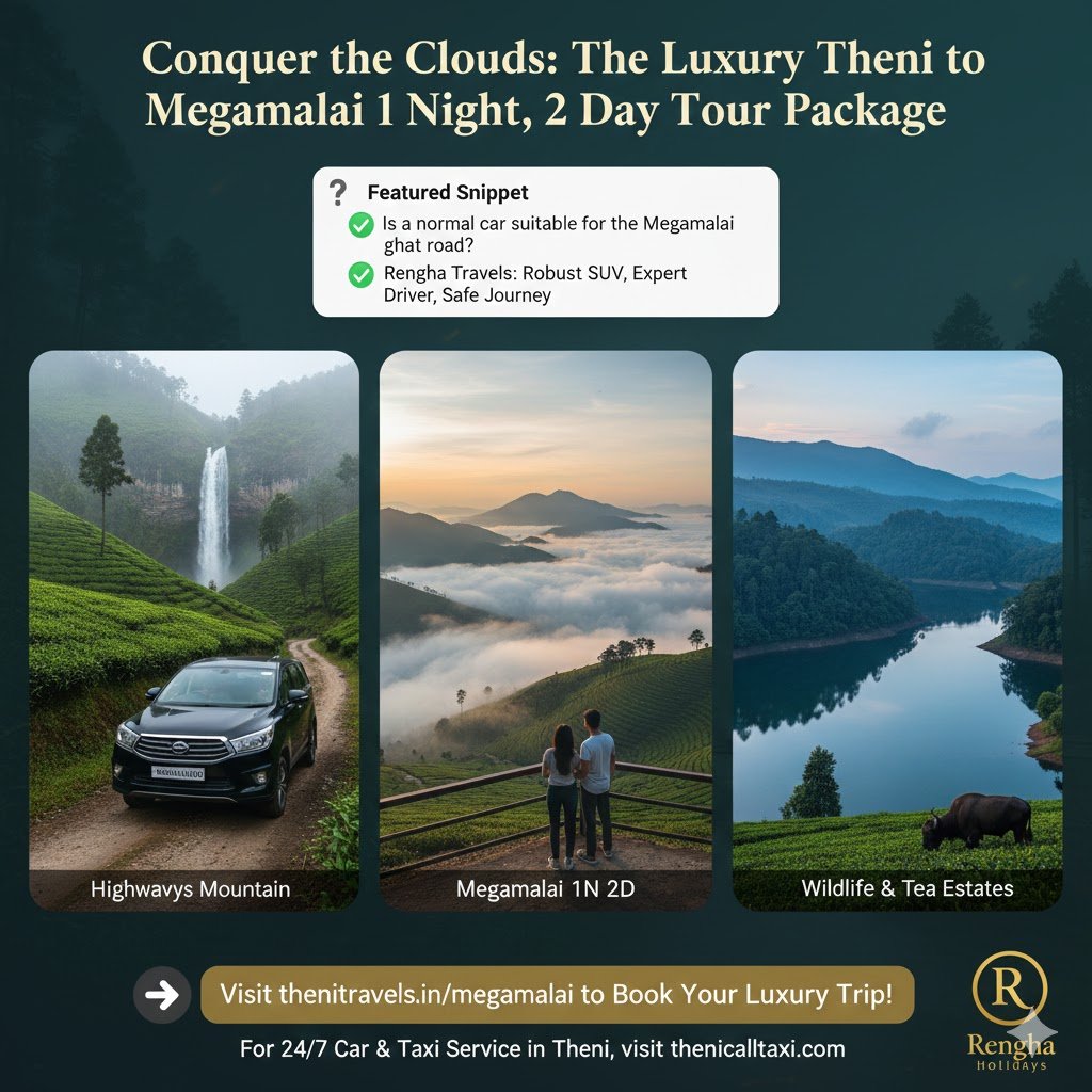 Conquer the Clouds: The Luxury Theni to Megamalai 1 Night, 2 Day Tour Package Is a normal car suitable for the Megamalai ghat road? (Target Keywords: Theni to Megamalai Tour Package, Luxury Travel Service by Rengha Travels, Megamalai 1N 2D, Theni Tourism, thenicalltaxi.com, Theni Travels, Highwavys Mountain) No. Due to the challenging, rugged terrain and unpaved sections of the Megamalai ghat road, a normal sedan is generally not recommended. The best way to access Megamalai safely and comfortably is by booking a Luxury Travel Service by Rengha Travels. This package ensures you travel in a reliable, high-ground clearance vehicle (often a robust SUV or special traveler), often coordinated through thenicalltaxi.com, designed to handle the Highwavys Mountain route with ease, turning a rough journey into a safe adventure. Introduction: The Untouched Paradise on Theni’s Doorstep For those who think they've seen the best of Theni Tourism, we invite you to look higher—into the clouds. Megamalai, affectionately known as the "Highwavys Mountain," is a pristine, untouched paradise just a short distance from Theni, offering rolling tea estates, misty viewpoints, and a tranquility Kodaikanal can no longer promise. This isn't just a trip; it's an exploration. Our Theni to Megamalai Tour Package (1N 2D) is expertly designed to maximize your time in this hidden gem while ensuring the journey itself is a pleasure. It starts with the unparalleled comfort and safety of the Luxury Travel Service by Rengha Travels. Day 1: The Ascent & The Cloud-Kissed Views Your adventure begins in Theni with a premium pickup. Our expert driver, knowledgeable about the challenging terrain, arrives in a dedicated 4x4-ready vehicle booked seamlessly through thenicalltaxi.com. The Thrill of the Ghat Road The journey itself is the first attraction. The Megamalai ghat road offers 18 spectacular hairpin bends, winding past lush landscapes and the occasional waterfall. Your Luxury Travel Service by Rengha Travels guarantees: Safety: Experienced drivers who specialize in mountain roads. Comfort: Premium, well-maintained vehicles built for off-road segments. Stops: Scheduled pauses at scenic points like the Chinna Suruli Falls viewpoint (seasonal). Afternoon: Tea Estates and Highwavy Dam Upon arrival, you'll check into one of the exclusive, valley-view resorts or estates, a highlight of the Luxury Travel Service. Highwavys Dam & Lake: This tranquil reservoir is the centerpiece of the region. Enjoy the serene beauty and the expansive views over the surrounding forests. Tea Plantation Walk: Take a private, guided walk through the expansive tea estates. Breathe in the crisp, clean air and learn about the premium tea cultivation—a perfect moment for reflection and photography. Day 2: Manalar, Wildlife & The Great Descent Day 2 takes you deeper into the Cloud Kingdom for maximum exploration before your comfortable return to Theni. Sunrise at Megamalai Viewpoint: Our itinerary ensures you reach the famous Megamalai viewpoint just as the sun rises, bathing the clouds and tea slopes in golden light. This is the definition of a spectacular Theni Tourism highlight. Manalar Dam & Wildlife Sanctuary: Drive towards the inner regions to see the Manalar Dam and keep an eye out for wildlife. Megamalai is known for spotting Indian Gaurs, barking deer, and a variety of unique bird species—a paradise for nature lovers! Maharaja Mettu: Often called the highest viewpoint, this spot provides an unbelievable panoramic vista of the surrounding valleys and the distant plains, reminding you just how high you've climbed. The Seamless Return After a delicious, estate-style lunch, your Rengha Travels vehicle ensures a safe, swift, and relaxing descent. By evening, you'll be dropped back in Theni, rejuvenated and filled with stories of the clouds you conquered. Why Rengha Holidays is Your Trusted Partner for Megamalai Megamalai is not a place for unorganized trips. It demands expertise, which is exactly what our Tour Package by Rengha Holidays delivers. Specialized Fleet: Our vehicles (accessible via thenicalltaxi.com and thenitravels.in) are specially equipped for the Megamalai road, offering the true Luxury Travel Service by Rengha Travels experience. Local Expertise: As pioneers of Theni Tourism, we know the best viewpoints, the safest routes, and the most comfortable stays in the hills. All-Inclusive Comfort: From the moment of booking to your drop-off, every detail of your Megamalai 1N 2D trip is handled, making it a genuinely stress-free luxury escape. Ready for Your Highwavys Adventure? Don't miss out on Tamil Nadu's last great secret. Book your premium Theni to Megamalai Tour Package today! ➡️ Visit thenitravels.in/megamalai to check availability and customize your luxury trip. ➡️ For immediate car service in Theni, book your high-clearance vehicle directly at thenicalltaxi.com. ➡️ Contact Rengha Holidays to plan your bespoke mountain retreat! http://www.renghaholidays.com www.renghatravels.com www.maduraiholidays.com www.thenicalltaxi.com https://megamalai.in/ https://thenitourism.com/ https://thenitravels.in/ #BestTourOperatorsInTamilNadu#TourOperatorsNearMe#TravelAgencyChennai#TravelAgentMadurai#TravelAgentChennai#TravelAgentTheni#TravelAgentDindigul#FamilyVacationTamilNadu#SoloTravelIndia#CouplesTravel#BudgetTravelTamilNadu#TamilNaduTourOperators#TravelAgencyTamilNadu#TamilNaduHolidayPackages#BestPlacesToVisitInTamilNadu#TamilNaduTourPackages#HoneymoonInOoty#ThingsToDoInChennai#TamilNaduTemples#CulturalToursIndia#PondyVibes#SouthIndiaFood#ChennaiTravel#MaduraiTourism#KodaikanalDiaries#ExploreTamilNadu#TravelIndia#IncredibleIndia#CulturalToursIndia#RameshwaramTravelGuide#RameshwaramTravelGuide#TheniTourism#LuxuryToursTamilNadu#PilgrimageTamilNadu#WildlifeTamilNadu#TheniTourism#ExploreTheni#SuruliFalls#KumbakkaraiFalls#Meghamalai#VaigaiDam#ChinnaSuruliFalls#Kurangani#KolukkumalaiTeaEstate#BestPlacesToVisitInTheni#KolukkumalaiTeaEstate#HotelsInTheni#KolukkumalaiTeaEstate#Veerapandi#BestPlacesToVisitInTheni#TheniWaterfalls#TheniTrekking#TheniHillStations#TheniHolidayPackages#TheniTourOperator#TheniCabService#TravelAgentInTheni#TourGuideTheni#TheniToKodaikanal#TheniToMunnar#TravelSouthIndia