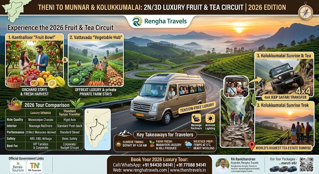 best theni to munnar, kanthalloor and vattavada luxury tour 2026 force urbania rental with Rengha Travels