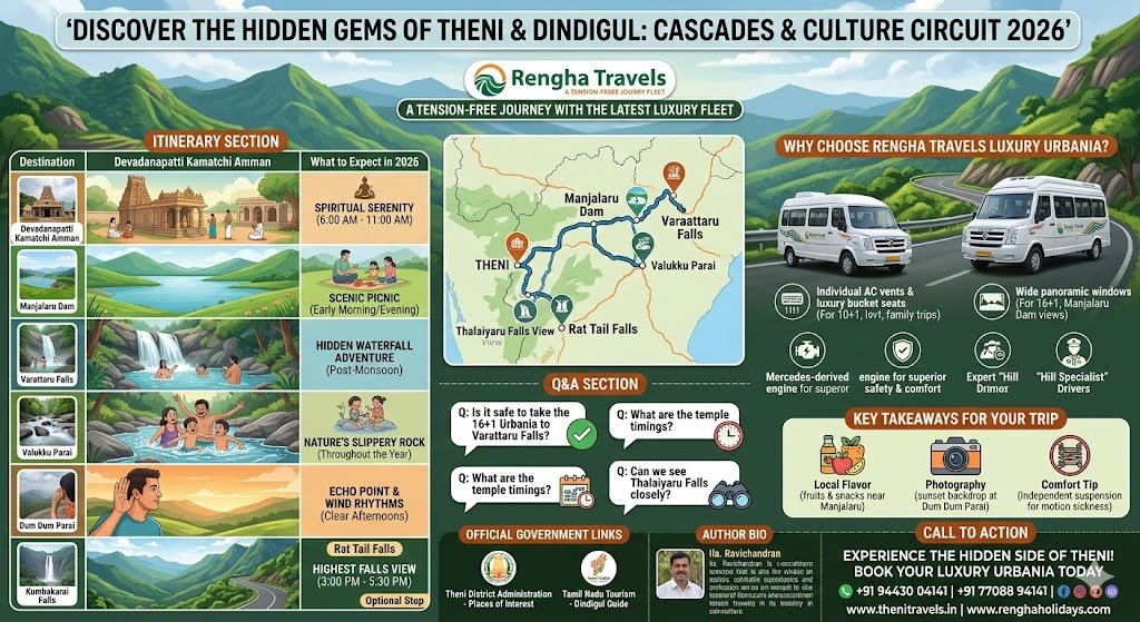 best theni to varattaru , devathanapatty kamatchi amman kovil and thalaiyaru falls tour 2026 with luxury urbania